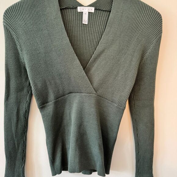 Leith Ribbed Olive Green V Neck Sweater - Picture 2 of 5